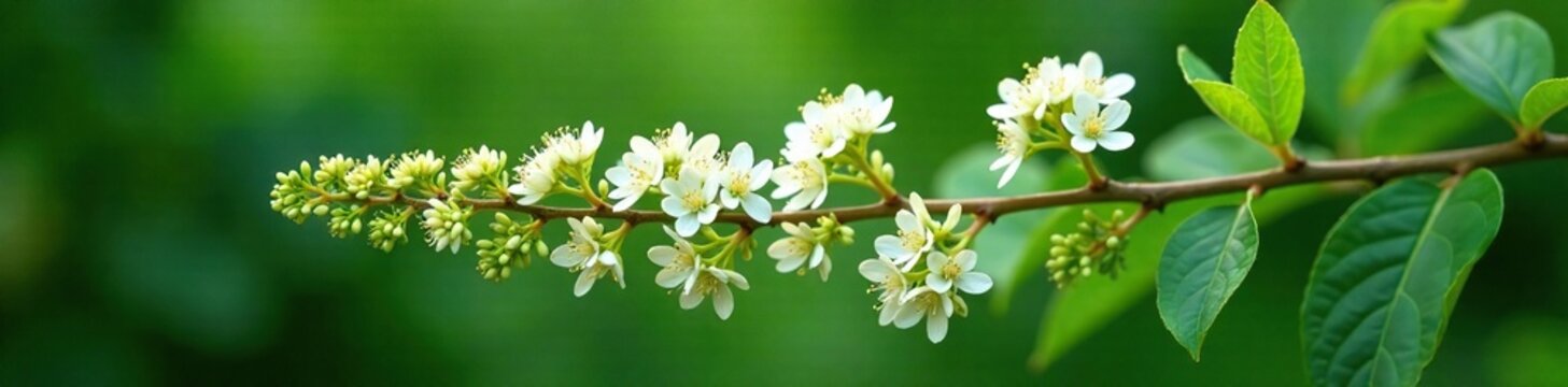 Dense clusters of small white flowers on a Vitex agnus castus branch, evergreen, shrubs