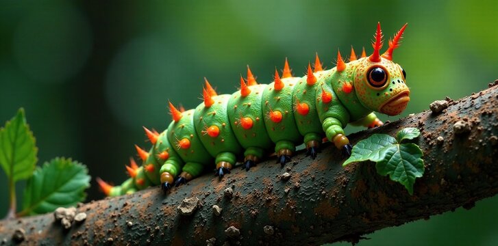 Euthalia aconthea caterpillar on tree trunk with vines, trunk, insects, ecology