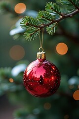 Red glass Christmas globe hangs from an oak tree's slender limb, red, glass, decoration