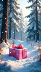 Fototapeta premium Snowy forest with pink gift box on the ground, icy grass, woodland landscape, snowflakes falling