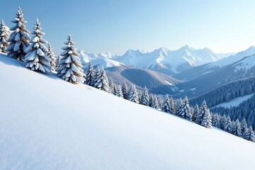 Fototapeta premium Smooth white snow surface of a hillside with trees, snowfield, snow, winter landscape