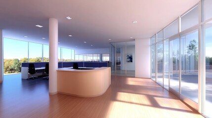 Modern office reception area with large windows and natural light.