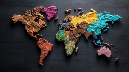 An intriguing visual of an artistic global map, featuring rich textures and vibrant colors that symbolize the complexity and beauty of our world’s diverse regions and cultures.