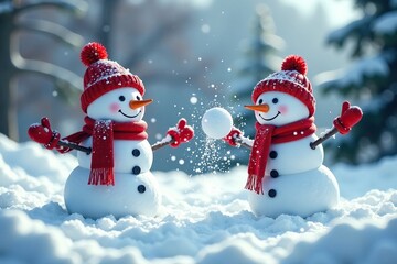 Snowmen having a snowball fight in a winter wonderland scene, icy, snowy, playful