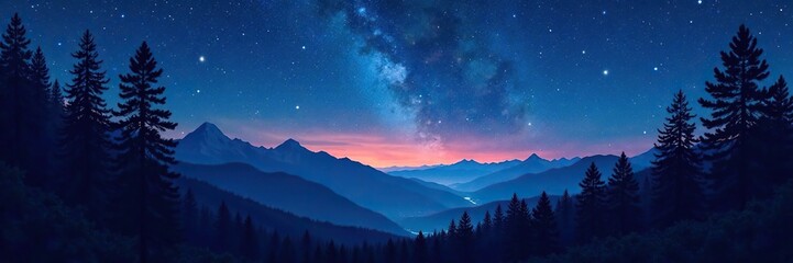 Fototapeta premium Tall trees and mountains under starry night sky, night sky, trees silhouetted