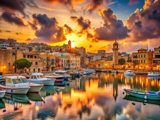 Fototapeta premium Maltese Sunset Harbor: Vibrant Dusk over Picturesque Port