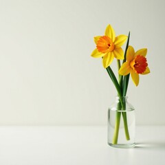 Narcissus blooms in a tiny glass container on a pedestal, pedestal, bloom