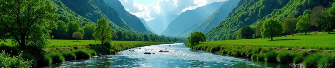 Serene river flowing through lush green valley, nature, mountains, landscape
