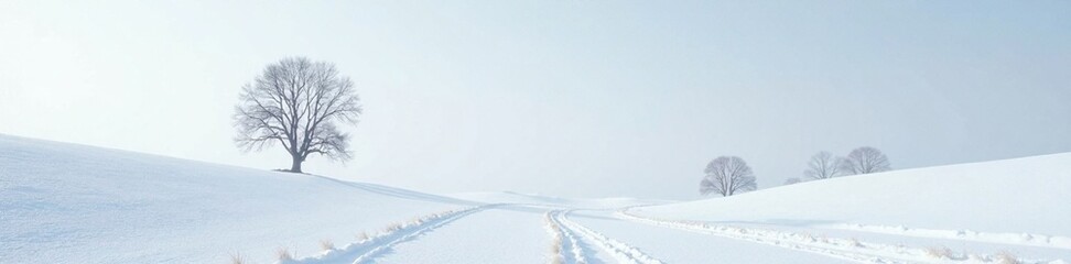 Fototapeta premium White snow-covered landscape with a few bare trees in the distance, distant, tree, bare