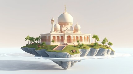 Fototapeta premium mosque architecture of a 3D rendered fantasy Islamic building on a floating island.