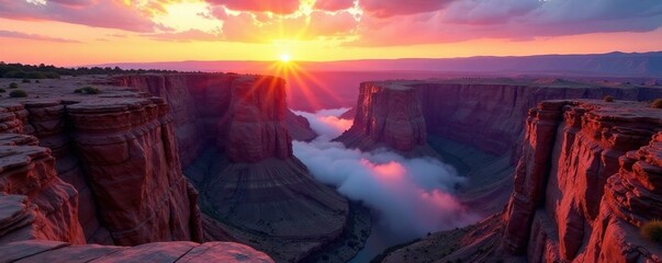 Majestic canyon at sunrise with misty fog rolling in, canyon, sunrise