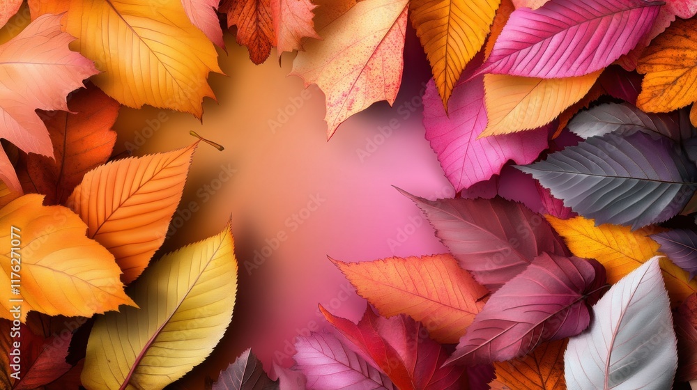 Poster a vibrant arrangement of autumn leaves in various colors, creating a warm and inviting frame against