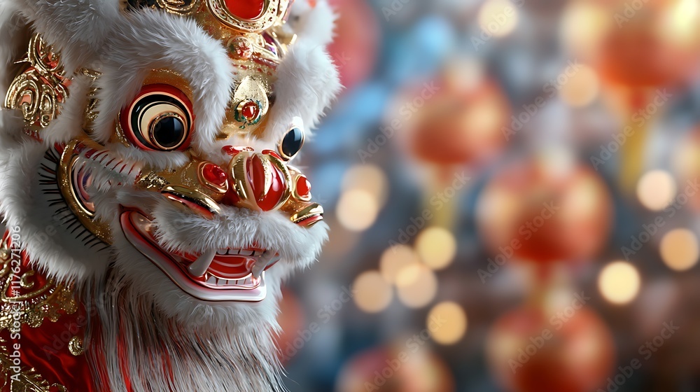 Poster captivating chinese lion dance performance adorned with intricate costumes and glowing under a dazzl