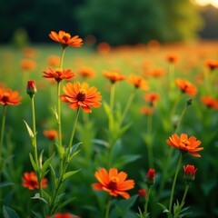 Field of orange hawkweed flowers swaying gently, evening, hawkweed
