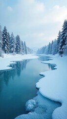 Icy lake with snow-covered trees in the distance, frozen, calm, frosty