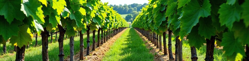 Naklejka premium Row of wooden vine frames covered in lush green vines, green, abundance, grapes