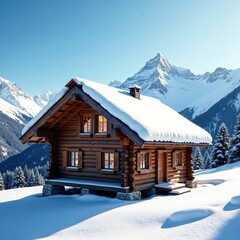 Snowflakes falling on a wooden cabin roof under clear sky, peaceful, mountain, snowfall