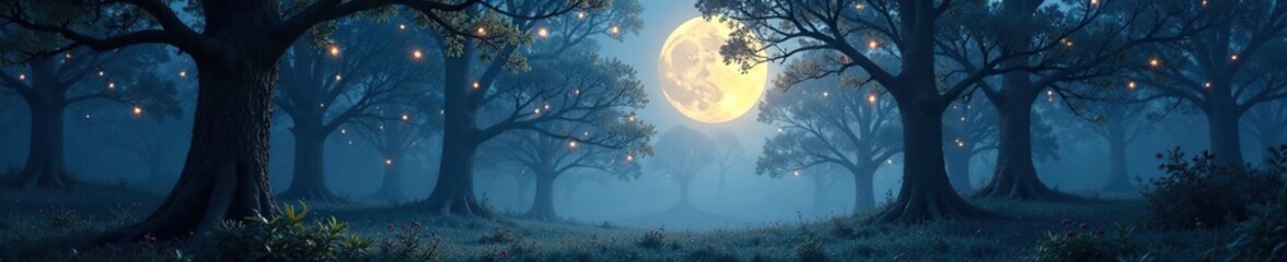 Naklejka premium Twinkling branches filter moonlight, casting mystical shadows on forest floor, misty, silvery