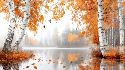 A serene autumn landscape featuring bright orange foliage, tranquil water, and birch trees, evoking a peaceful, scenic atmosphere.