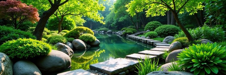 Tranquil Zen garden with winding stone path and water feature, tranquil, landscape