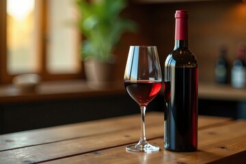 Wine bottle and glass on wooden table with golden accents, wine, bottle, wood