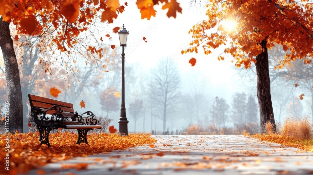 Poster a serene autumn scene with a bench surrounded by falling leaves, illuminated by soft sunlight, creat