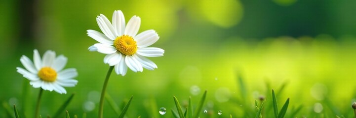 Obraz premium Soft white petals unfold in the gentle morning dew, white chamomile flowers, green grass