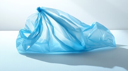 Obraz premium 24.A clean, isolated image of a light blue plastic bag on a stark white background, slightly crumpled with natural creases, presenting a simple, modern depiction of everyday plastic waste.
