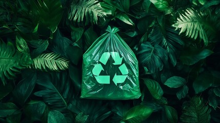 Fototapeta premium 107.A clean, modern banner featuring a green plastic bag with the recycling symbol in the center, paired with phrases for reduce, reuse, recycle, and illustrated with surrounding green plants to