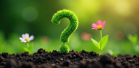 Green question mark flowers emerging from ground, soil, earthy, ground