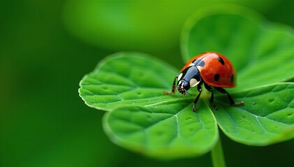 Ladybug explores a four-leaf clover's intricate veins, insect life, botanicals, macro photography