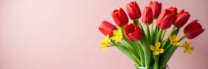 Obraz premium Red tulips with green stems and yellow gypsophila fill a glass vase, tulips, red