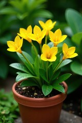 Yellow Saraca flowers in a garden pot against green foliage, Botanical, Yellow, Saraca