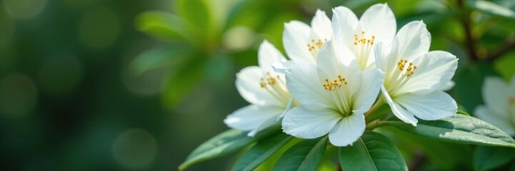 Delicate white petals unfolding from a compact rhododendron bush, ornamental trees, botanical, flowering plants