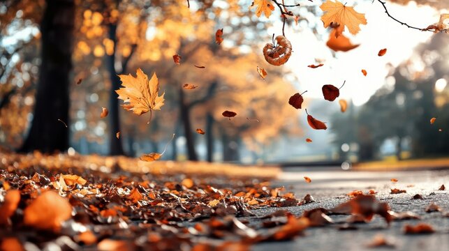 A serene autumn scene with golden leaves gracefully falling, illuminating a tranquil pathway in a sunlit park.
