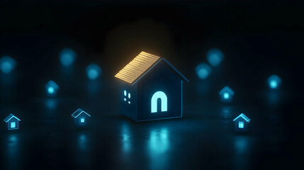 A glowing house amidst smaller illuminated houses in a dark setting, symbolizing warmth and community.