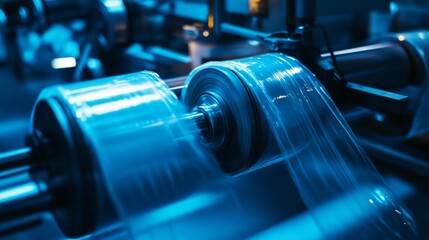 Fototapeta premium 45.A detailed shot of a plastic bag production machine with a polyethylene roll feeding through rollers, illuminated with cool blue light, highlighting the high-speed operation and precision in the