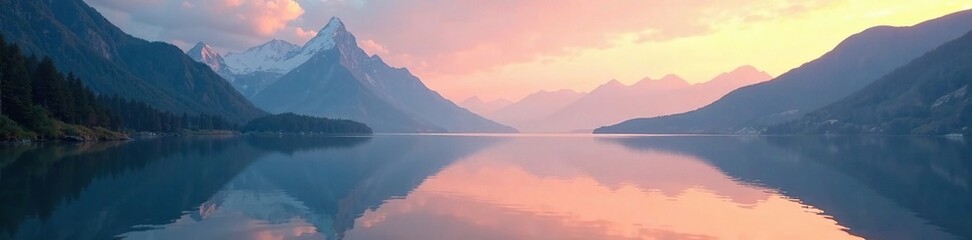 Misty mountain peaks reflected in serene lake water at dawn, dawn light, calm waters, morning light
