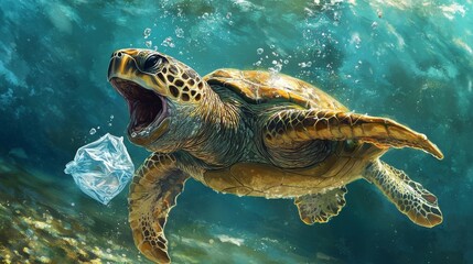 Fototapeta premium 111.A distressed sea turtle underwater with its mouth open, attempting to bite into a plastic bag that drifts nearby, with particles of debris scattered throughout the ocean, highlighting the impact