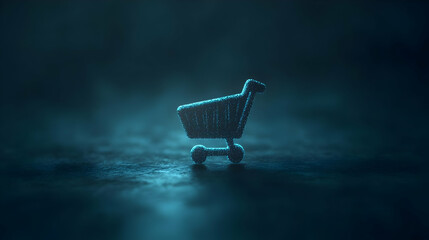A minimalist shopping cart icon in a moody, dark atmosphere, representing online retail and modern commerce.
