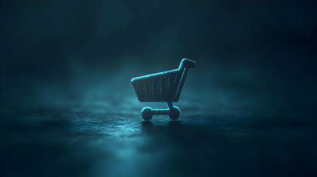 A minimalist shopping cart icon in a moody, dark atmosphere, representing online retail and modern commerce.