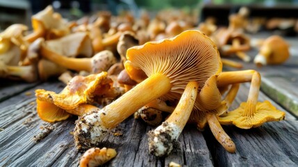 A close-up of vibrant yellow mushrooms scattered on a wooden surface, showcasing their unique shapes and textures in a natural setting.
