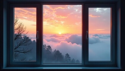 Misty window pane reflects cloudy sky at dawn, dawn, fog