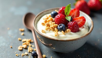 A bowl of creamy yogurt topped with granola and fresh berries, granola, breakfast