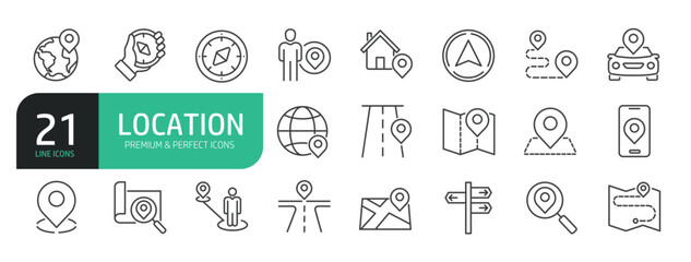 Set of line icons that includes location, map, navigation.
