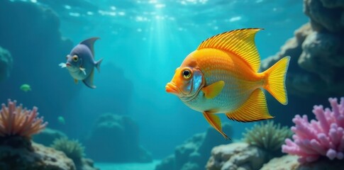 Fototapeta premium Aquatic scene with discus fish swimming in turquoise blue background, aquarium decoration, water feature