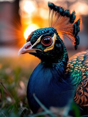 Obraz premium A vibrant peacock elegantly posed at sunset, showcasing its colorful feathers and captivating gaze, embodying beauty and grace in the warm glow of the sunset backdrop.