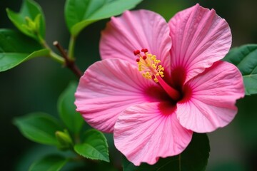 Close-up of pink hibiscus petals with golden center and delicate texture, hibiscus flower, golden center