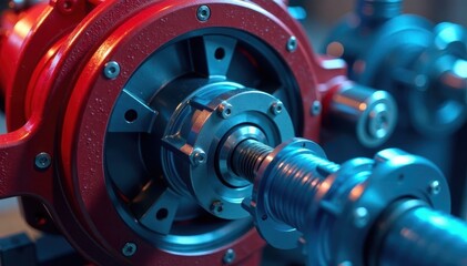 Fototapeta premium Close-up of hydraulic piston pump's inner mechanism in blue oil and red cylinders , liquid, mechanism