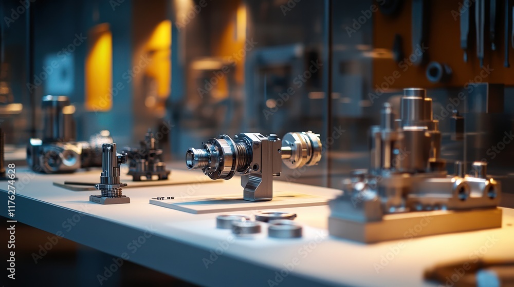 Poster close-up view of precision engineering components in modern workshop displaying various metal parts 